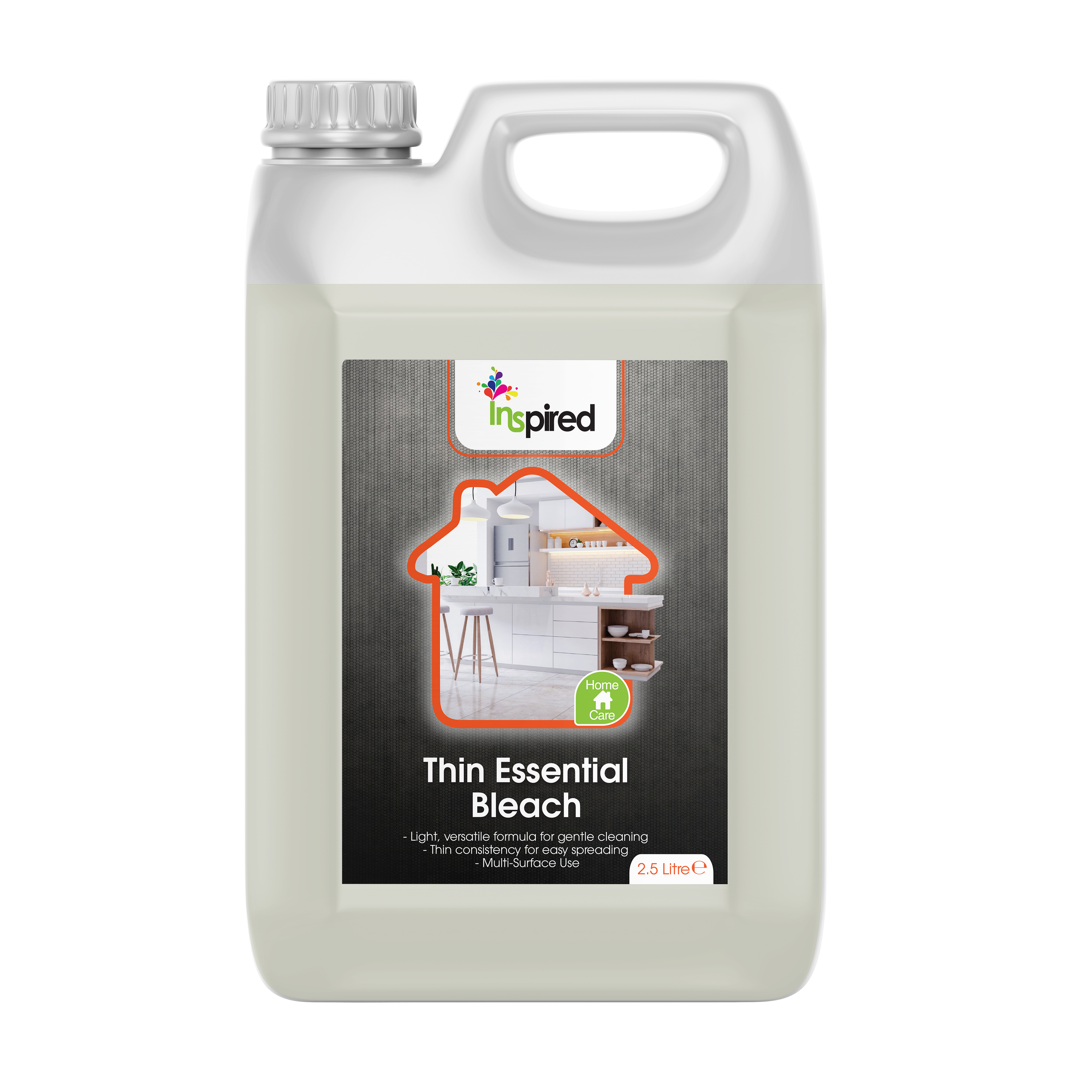 Inspired - Thin Essential Bleach 2.5L - Gentle Yet Effective Cleaner for Floors, Surfaces & Light Stain Removal - Faster Drying Thin Formula for Domestic Household Use