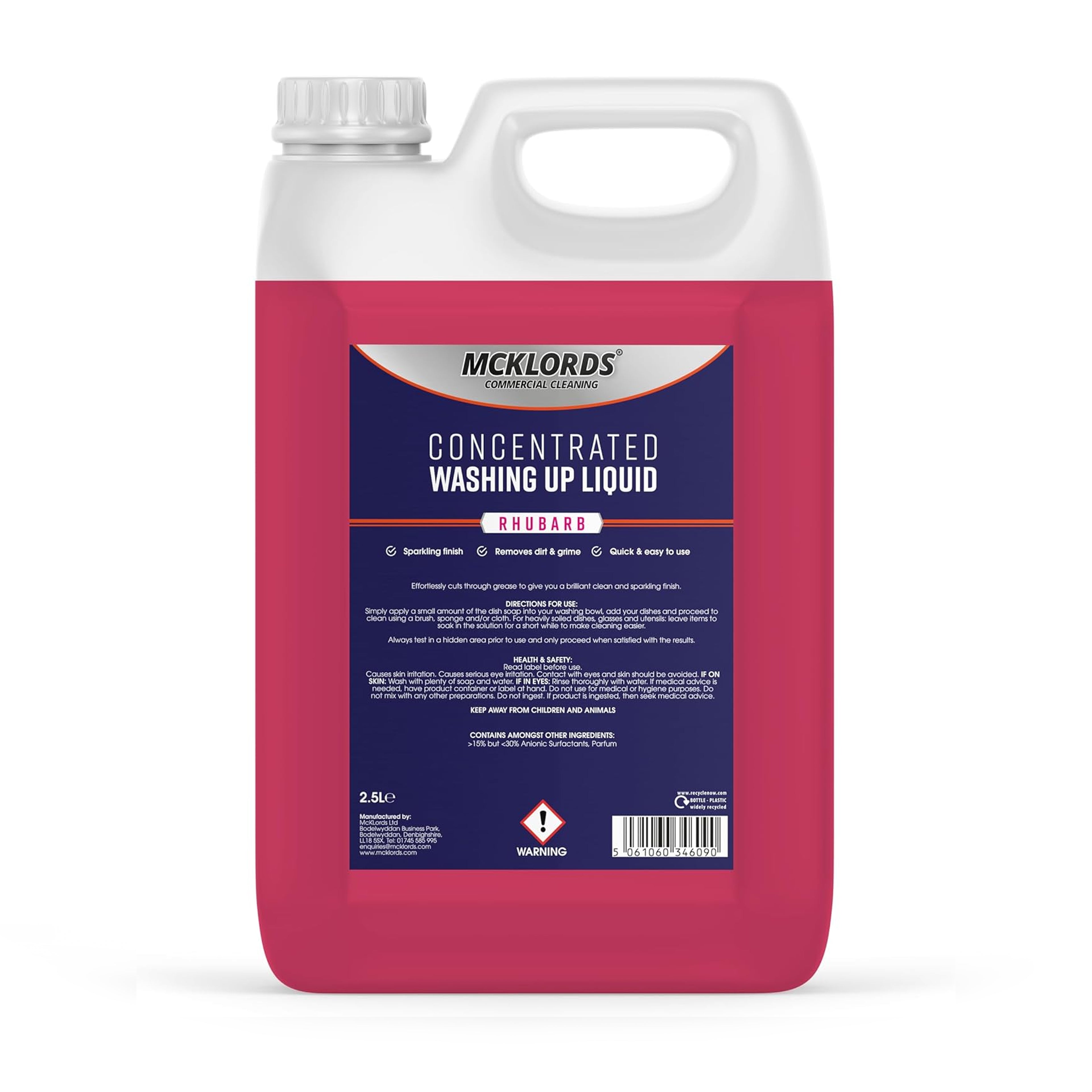 McKLords Commercial - Rhubarb Washing Up Liquid - High Strength for Commercial Kitchens & Catering Use - Long-Lasting Foam Cuts Through Grease - 2.5L