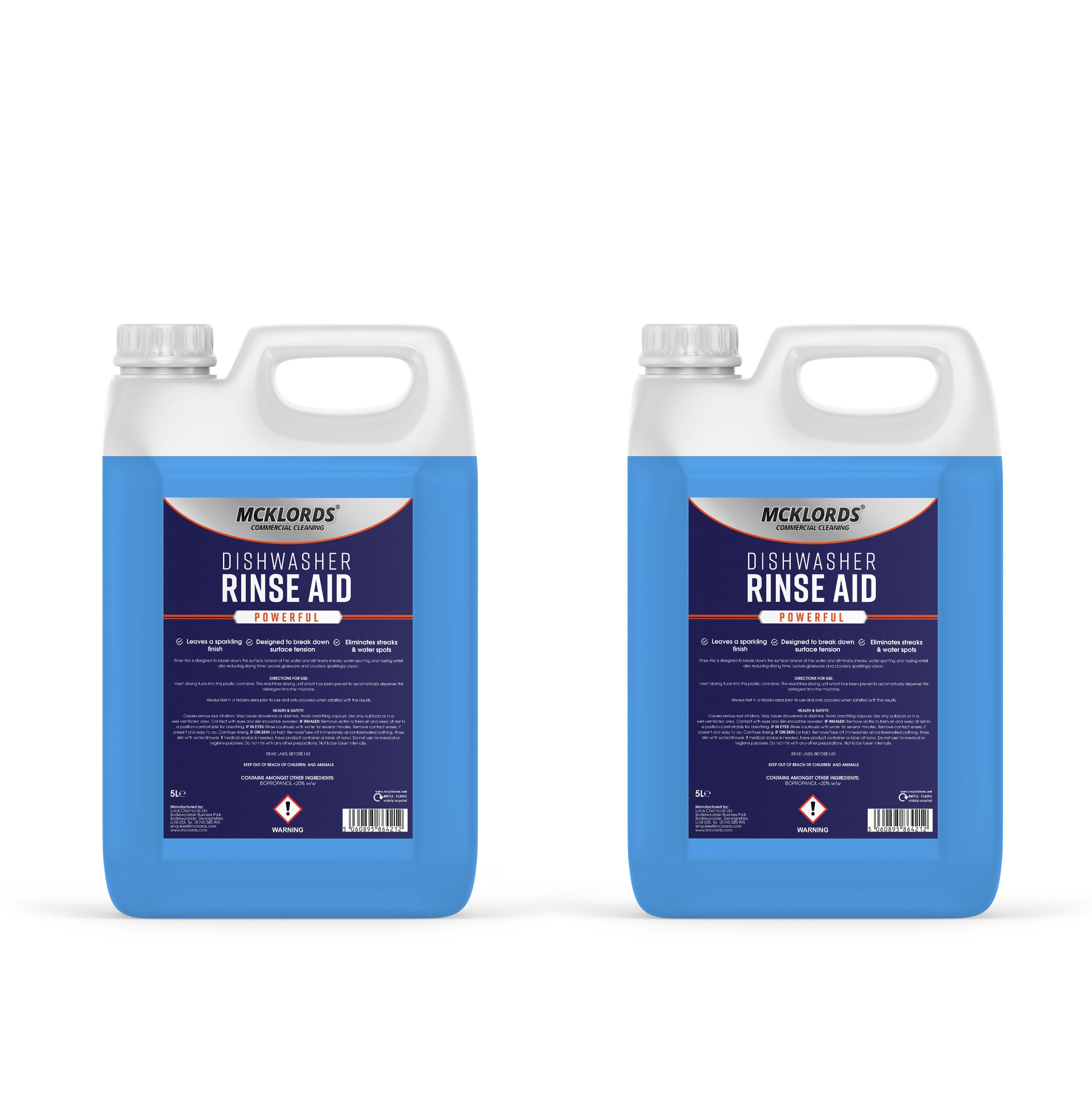 McKLords Dishwasher Rinse Aid, Blue, 10 Litre - Professional Rinse Aid Duo Pack 2×5 L for Commercial Dishwashers Rapid Drying Streak-Free Finish on Glassware Plates & Cutlery