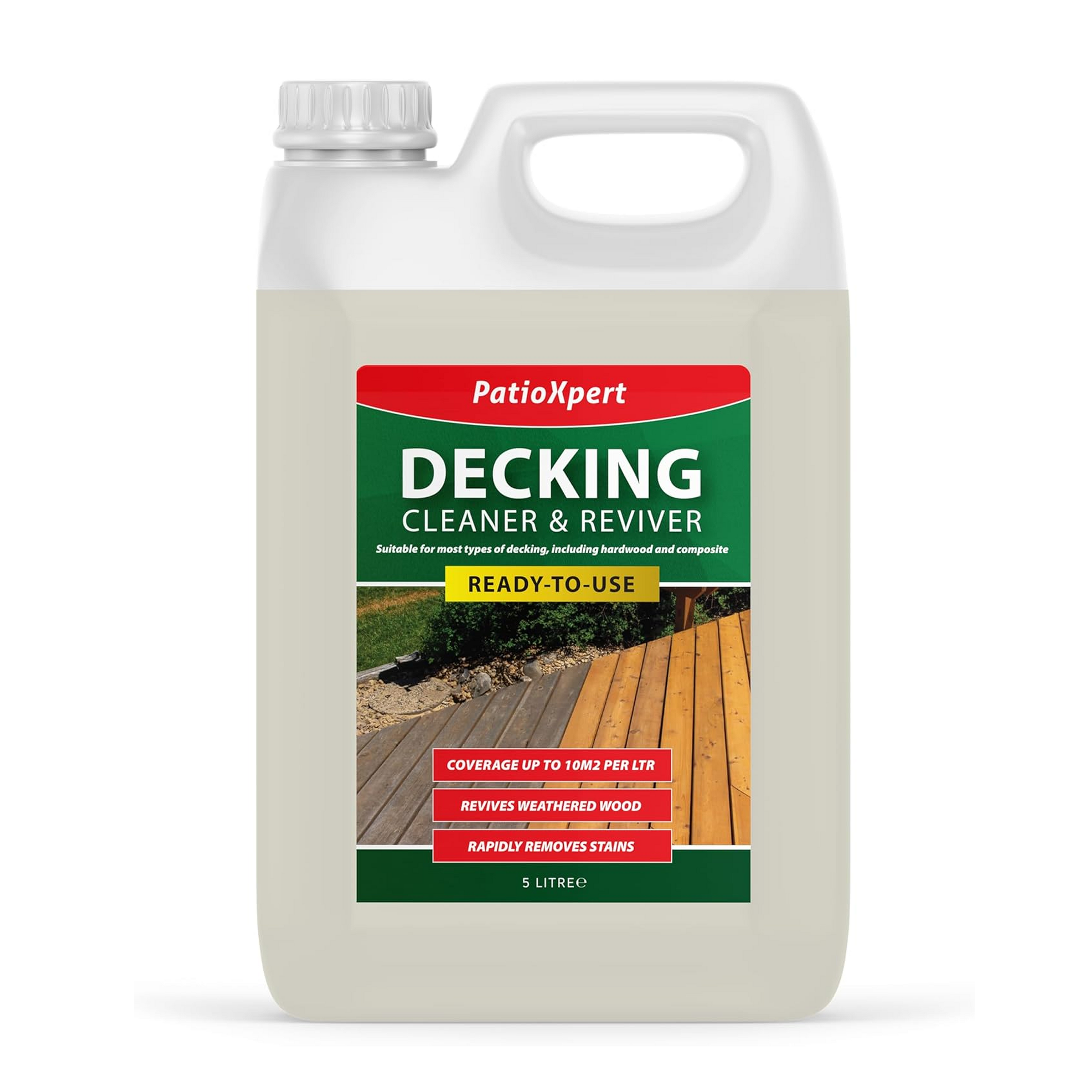 PatioXpert - Decking Cleaner & Reviver 5L - Powerful Algae & Mould Remover for Wooden & Composite Decks - Removes Dirt & Grease - For Oils & Stains